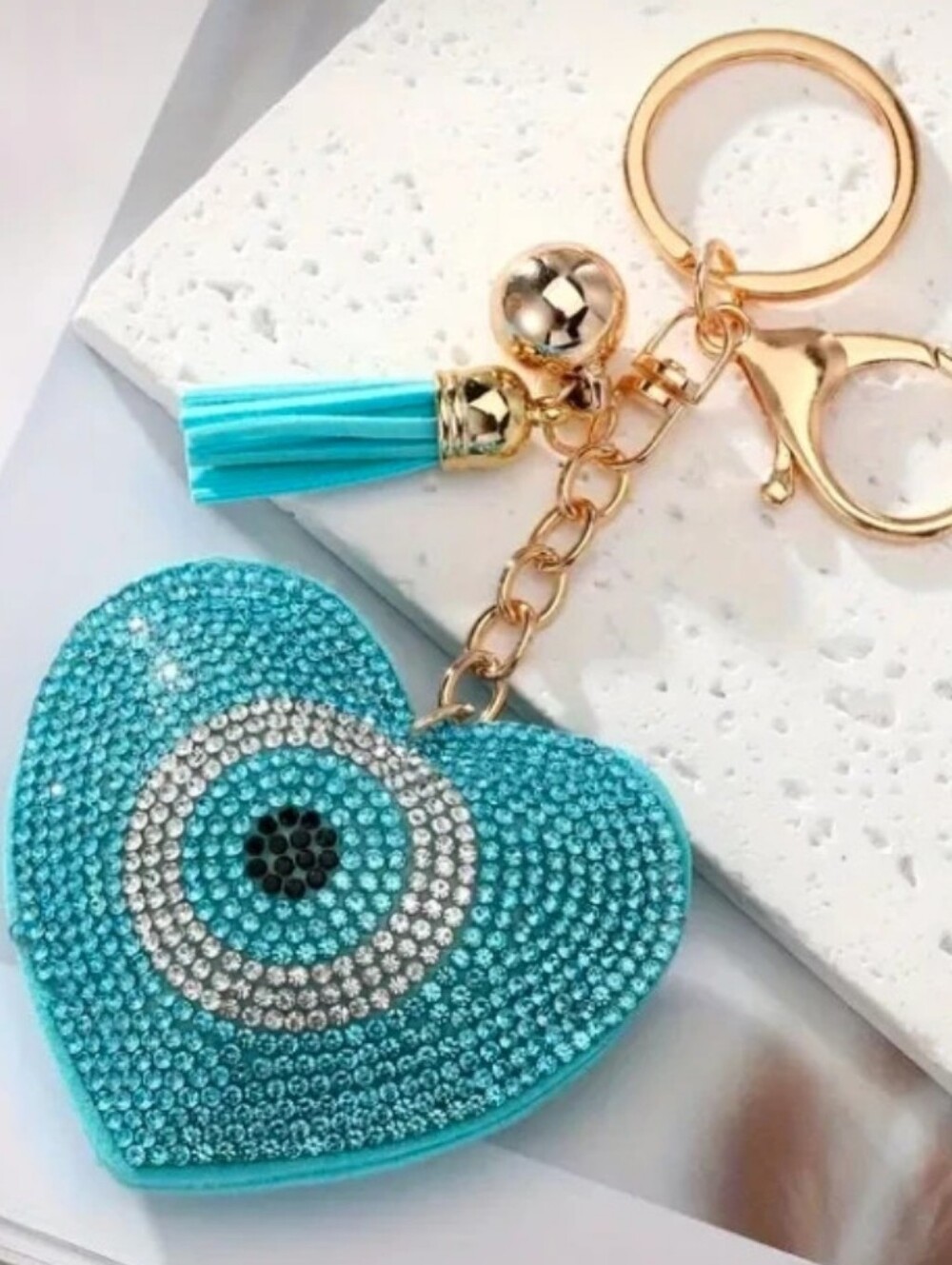 TURQUOISE BLUE PURSE CHARM KEY FOB GOLD TONE LEATHER TASSEL 5 IN